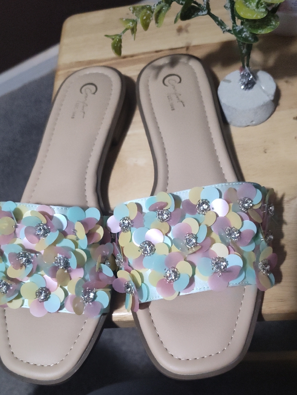 Sequin Floral Slide Sandals - Pastel Multicolor